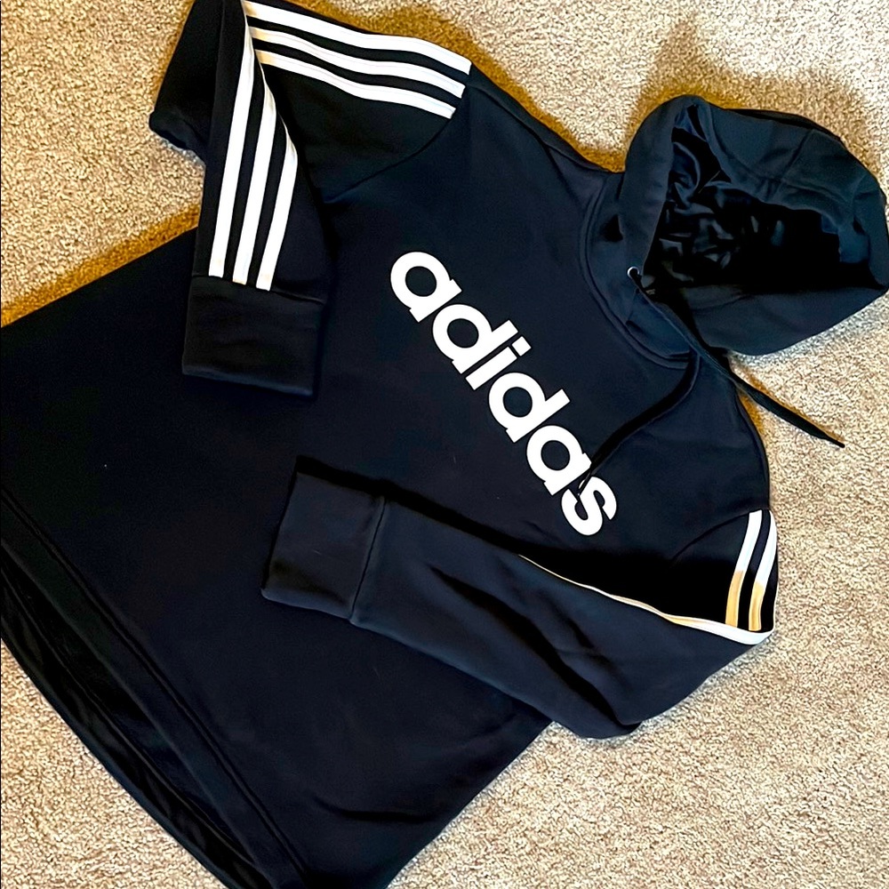 Adidas Black Hoodie with White Logo and Stripes